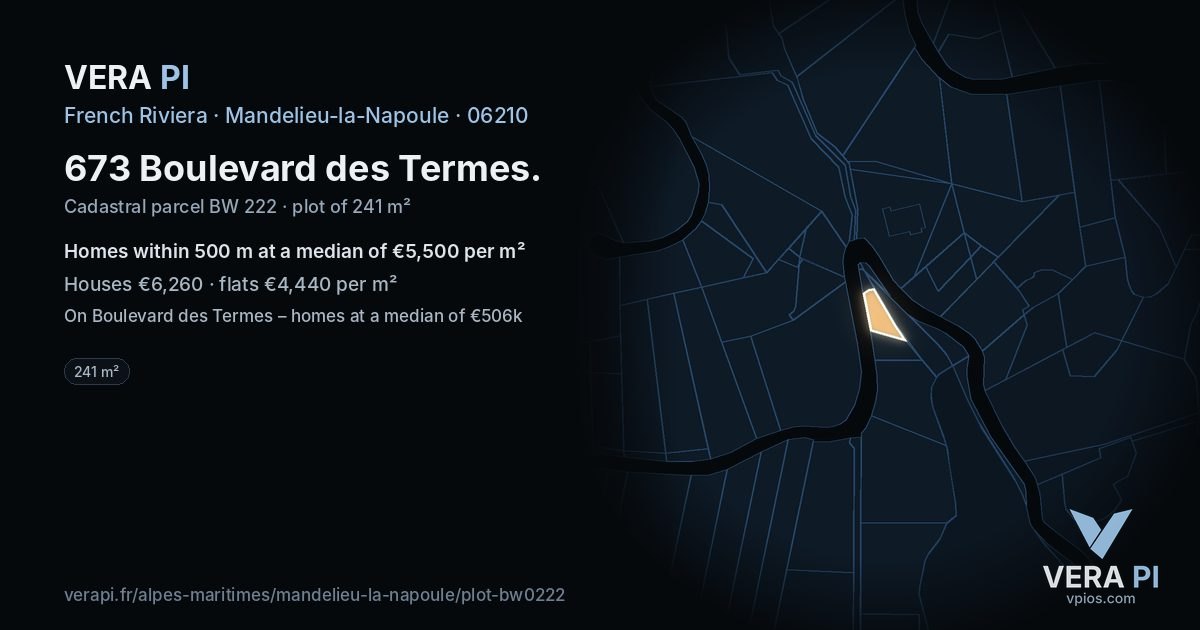 673 Boulevard des Termes, Mandelieu-la-Napoule at night – the plot lit, the parcels around coloured by the prices near them