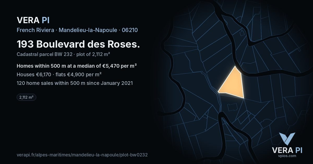 193 Boulevard des Roses, Mandelieu-la-Napoule at night – the plot lit, the parcels around coloured by the prices near them
