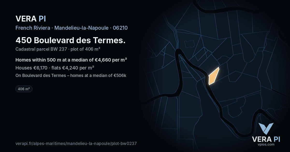 450 Boulevard des Termes, Mandelieu-la-Napoule at night – the plot lit, the parcels around coloured by the prices near them
