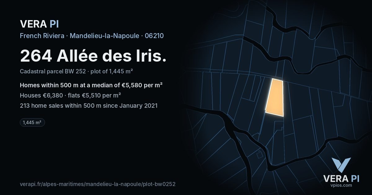 264 Allée des Iris, Mandelieu-la-Napoule at night – the plot lit, the parcels around coloured by the prices near them