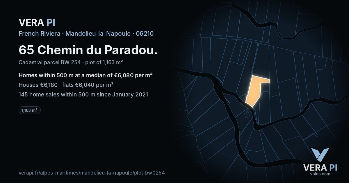 65 Chemin du Paradou, Mandelieu-la-Napoule at night – the plot lit, the parcels around coloured by the prices near them
