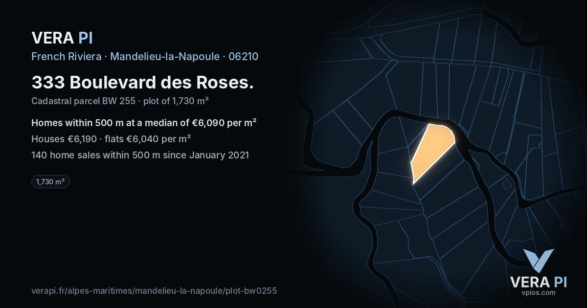 333 Boulevard des Roses, Mandelieu-la-Napoule at night – the plot lit, the parcels around coloured by the prices near them
