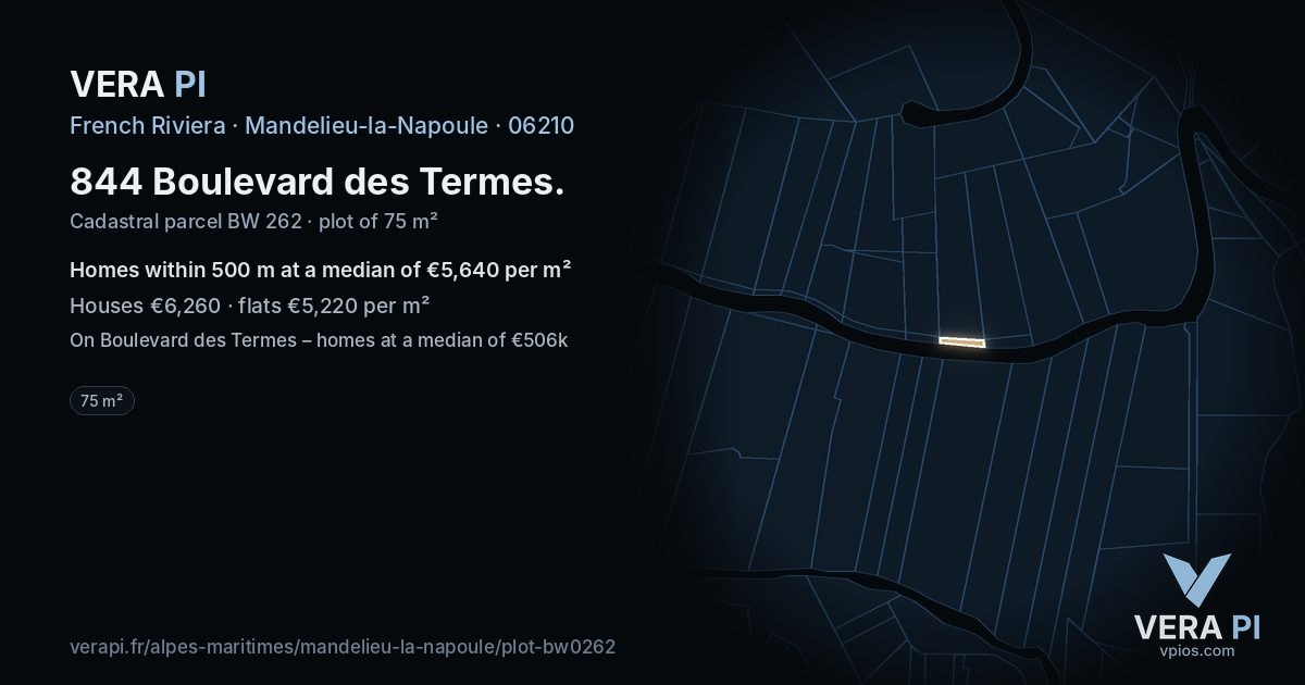 844 Boulevard des Termes, Mandelieu-la-Napoule at night – the plot lit, the parcels around coloured by the prices near them