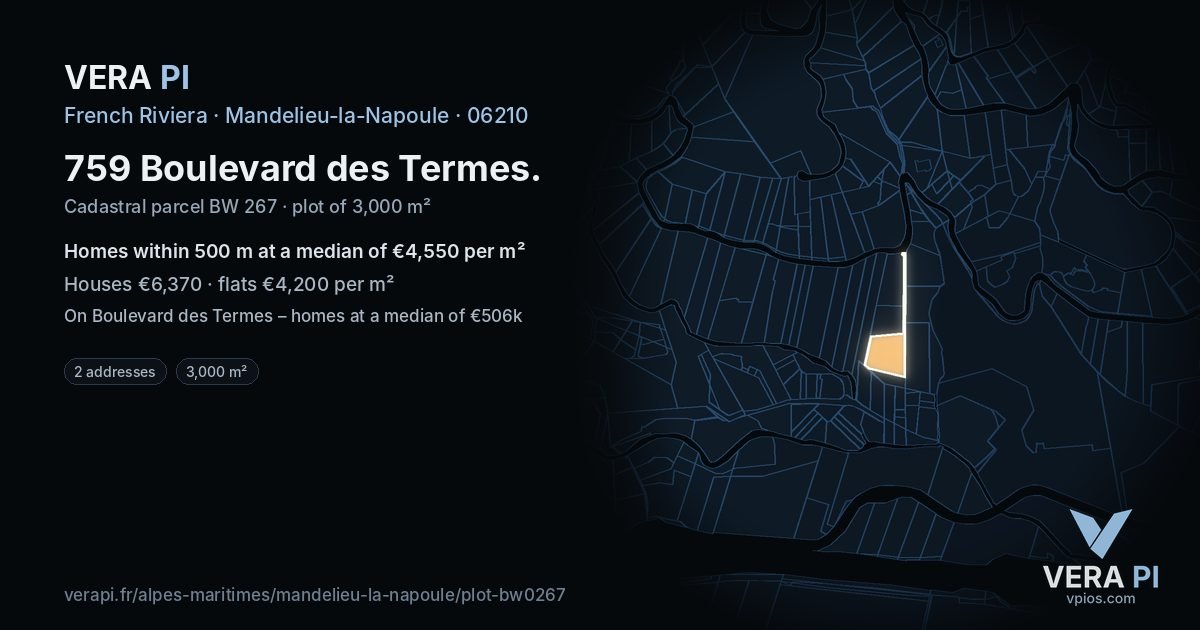 759 Boulevard des Termes, Mandelieu-la-Napoule at night – the plot lit, the parcels around coloured by the prices near them