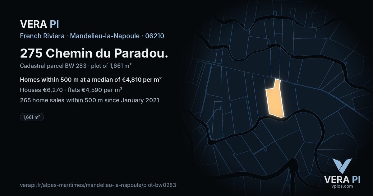 275 Chemin du Paradou, Mandelieu-la-Napoule at night – the plot lit, the parcels around coloured by the prices near them