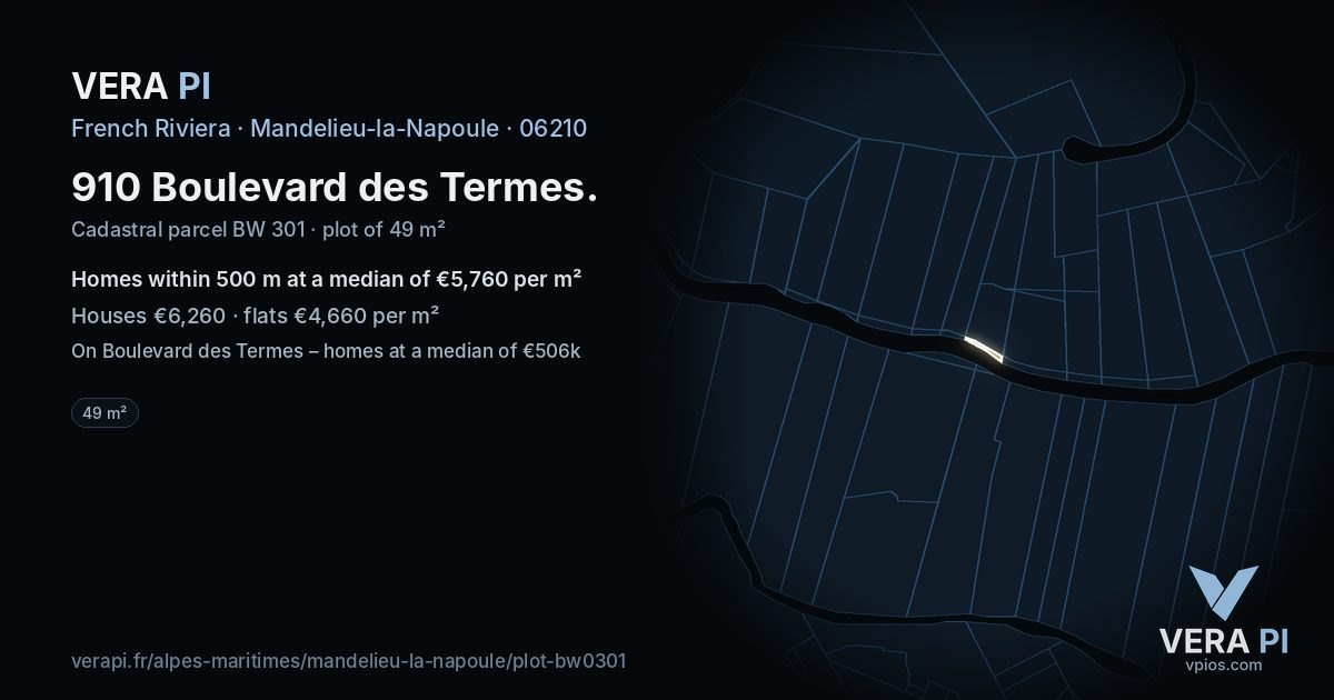 910 Boulevard des Termes, Mandelieu-la-Napoule at night – the plot lit, the parcels around coloured by the prices near them