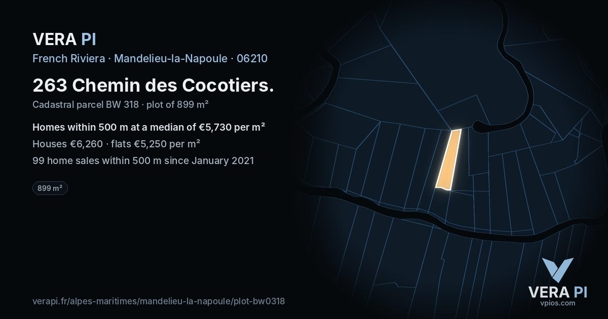 263 Chemin des Cocotiers, Mandelieu-la-Napoule at night – the plot lit, the parcels around coloured by the prices near them