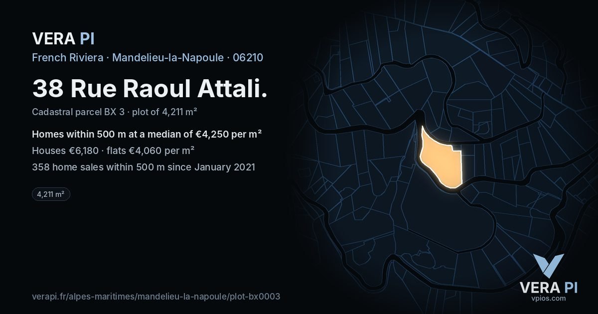 38 Rue Raoul Attali, Mandelieu-la-Napoule at night – the plot lit, the parcels around coloured by the prices near them