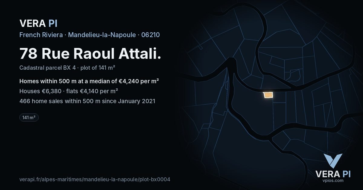 78 Rue Raoul Attali, Mandelieu-la-Napoule at night – the plot lit, the parcels around coloured by the prices near them