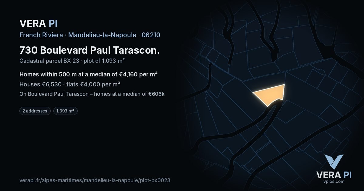 730 Boulevard Paul Tarascon, Mandelieu-la-Napoule at night – the plot lit, the parcels around coloured by the prices near them