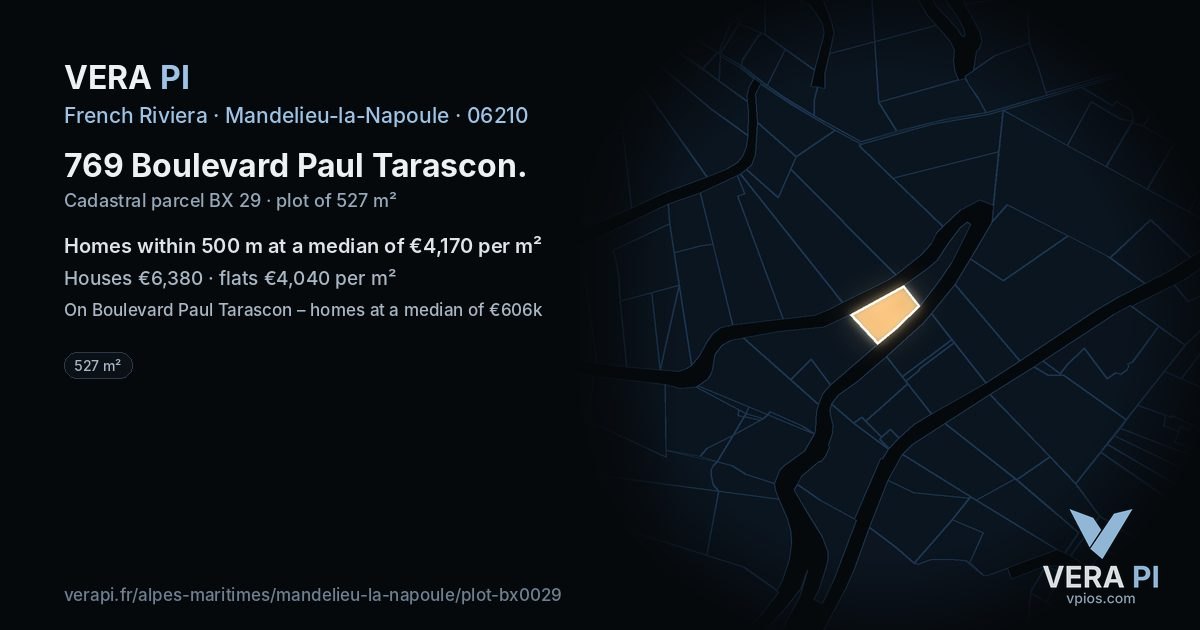 769 Boulevard Paul Tarascon, Mandelieu-la-Napoule at night – the plot lit, the parcels around coloured by the prices near them