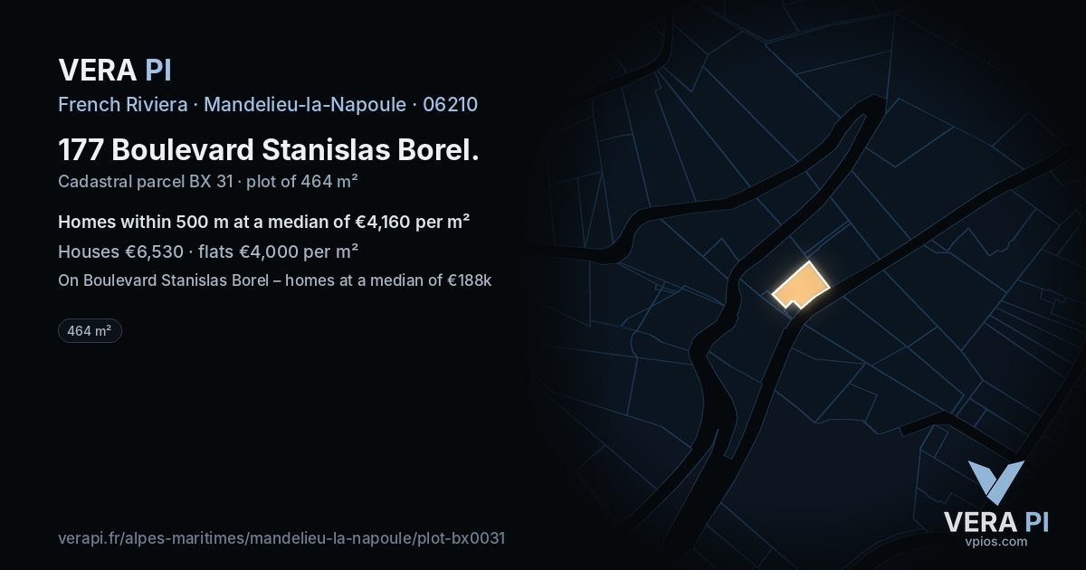 177 Boulevard Stanislas Borel, Mandelieu-la-Napoule at night – the plot lit, the parcels around coloured by the prices near them