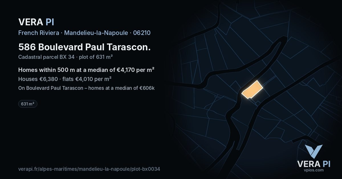 586 Boulevard Paul Tarascon, Mandelieu-la-Napoule at night – the plot lit, the parcels around coloured by the prices near them