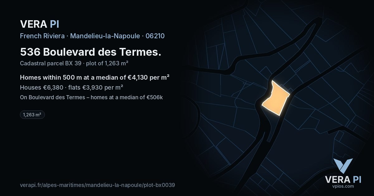 536 Boulevard des Termes, Mandelieu-la-Napoule at night – the plot lit, the parcels around coloured by the prices near them