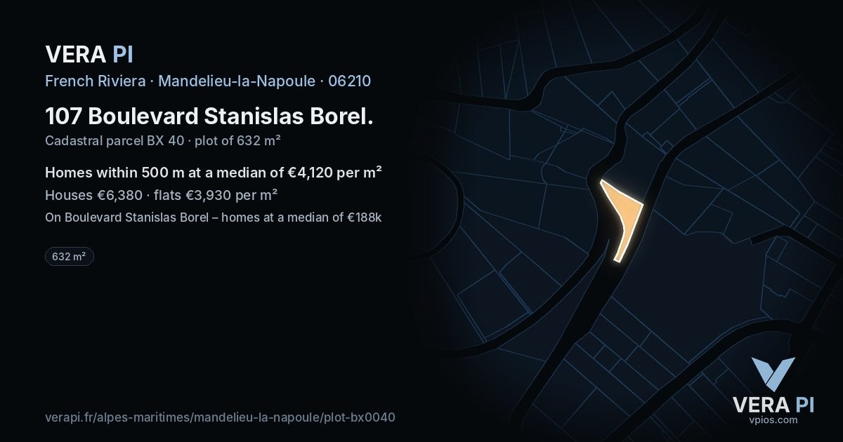 107 Boulevard Stanislas Borel, Mandelieu-la-Napoule at night – the plot lit, the parcels around coloured by the prices near them