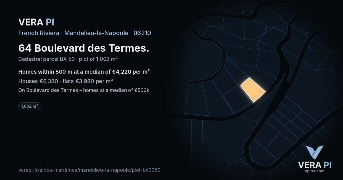 64 Boulevard des Termes, Mandelieu-la-Napoule at night – the plot lit, the parcels around coloured by the prices near them
