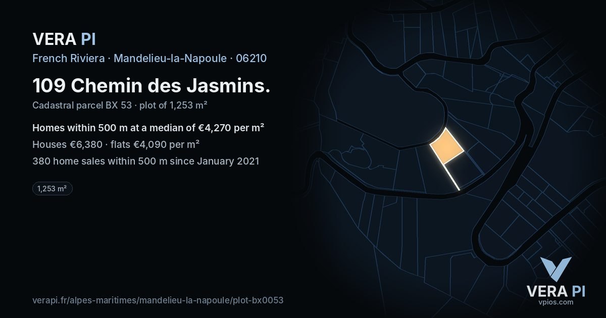 109 Chemin des Jasmins, Mandelieu-la-Napoule at night – the plot lit, the parcels around coloured by the prices near them