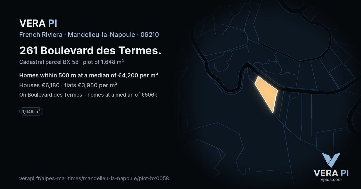 261 Boulevard des Termes, Mandelieu-la-Napoule at night – the plot lit, the parcels around coloured by the prices near them