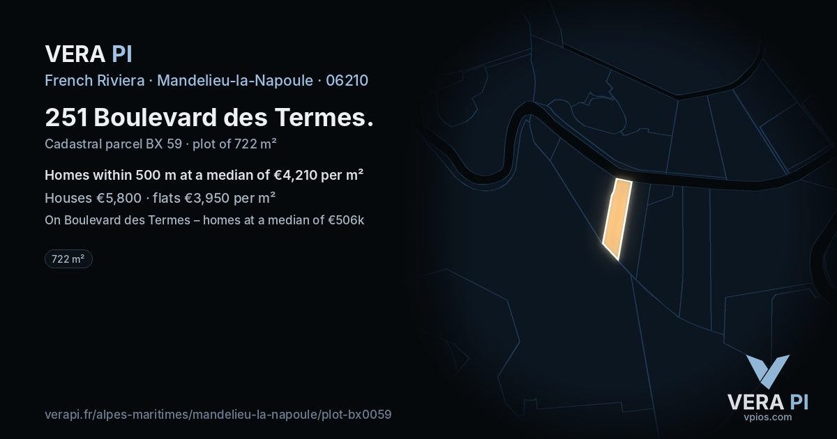 251 Boulevard des Termes, Mandelieu-la-Napoule at night – the plot lit, the parcels around coloured by the prices near them