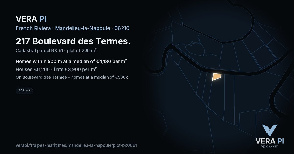 217 Boulevard des Termes, Mandelieu-la-Napoule at night – the plot lit, the parcels around coloured by the prices near them