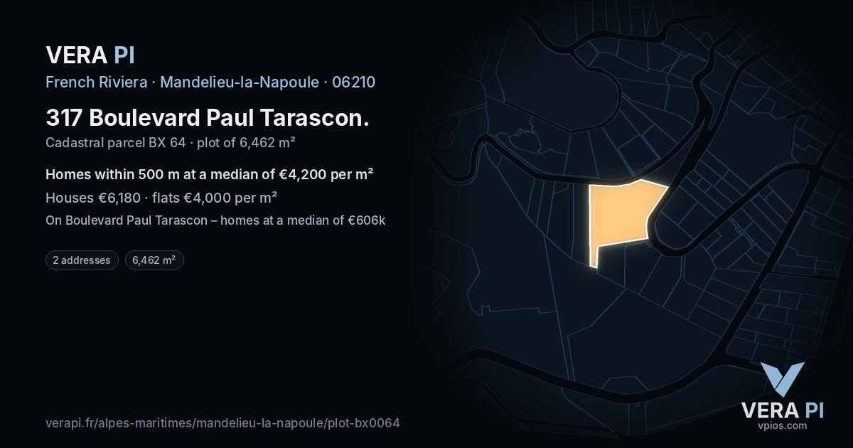 317 Boulevard Paul Tarascon, Mandelieu-la-Napoule at night – the plot lit, the parcels around coloured by the prices near them