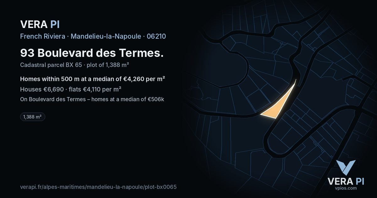 93 Boulevard des Termes, Mandelieu-la-Napoule at night – the plot lit, the parcels around coloured by the prices near them