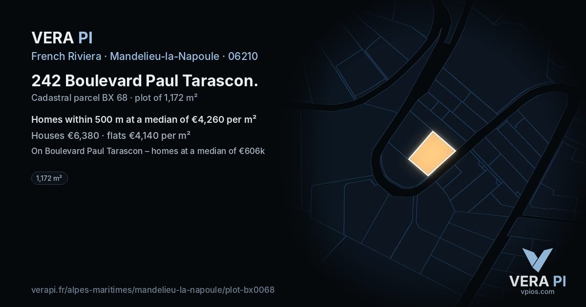 242 Boulevard Paul Tarascon, Mandelieu-la-Napoule at night – the plot lit, the parcels around coloured by the prices near them