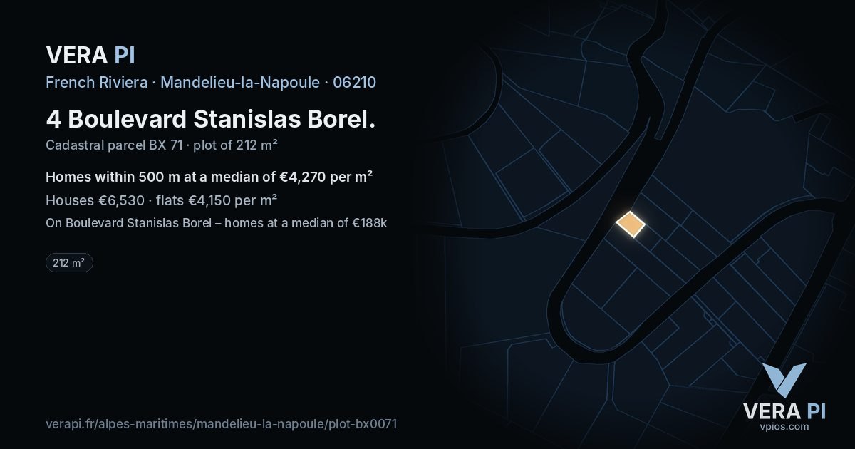 4 Boulevard Stanislas Borel, Mandelieu-la-Napoule at night – the plot lit, the parcels around coloured by the prices near them