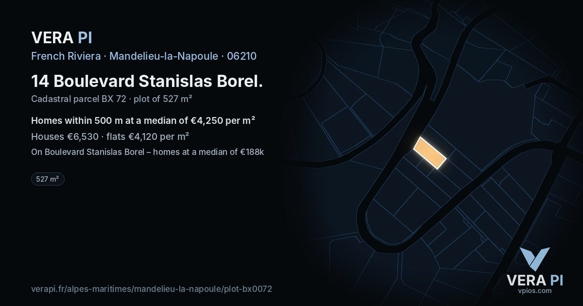 14 Boulevard Stanislas Borel, Mandelieu-la-Napoule at night – the plot lit, the parcels around coloured by the prices near them