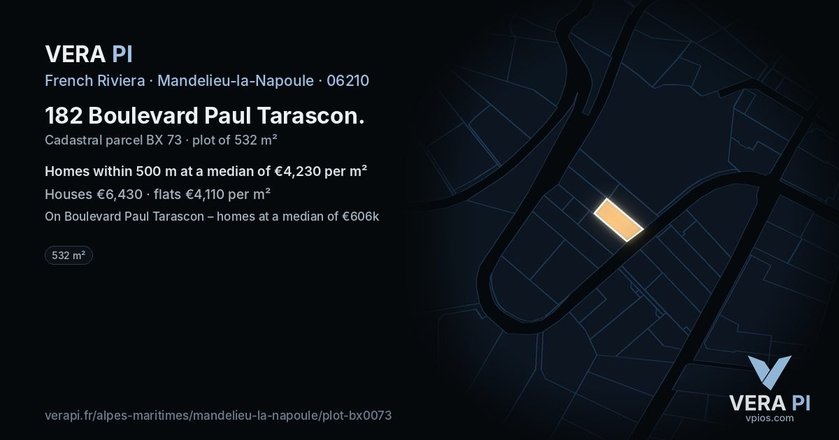 182 Boulevard Paul Tarascon, Mandelieu-la-Napoule at night – the plot lit, the parcels around coloured by the prices near them