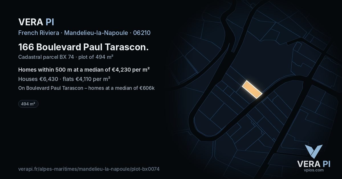166 Boulevard Paul Tarascon, Mandelieu-la-Napoule at night – the plot lit, the parcels around coloured by the prices near them