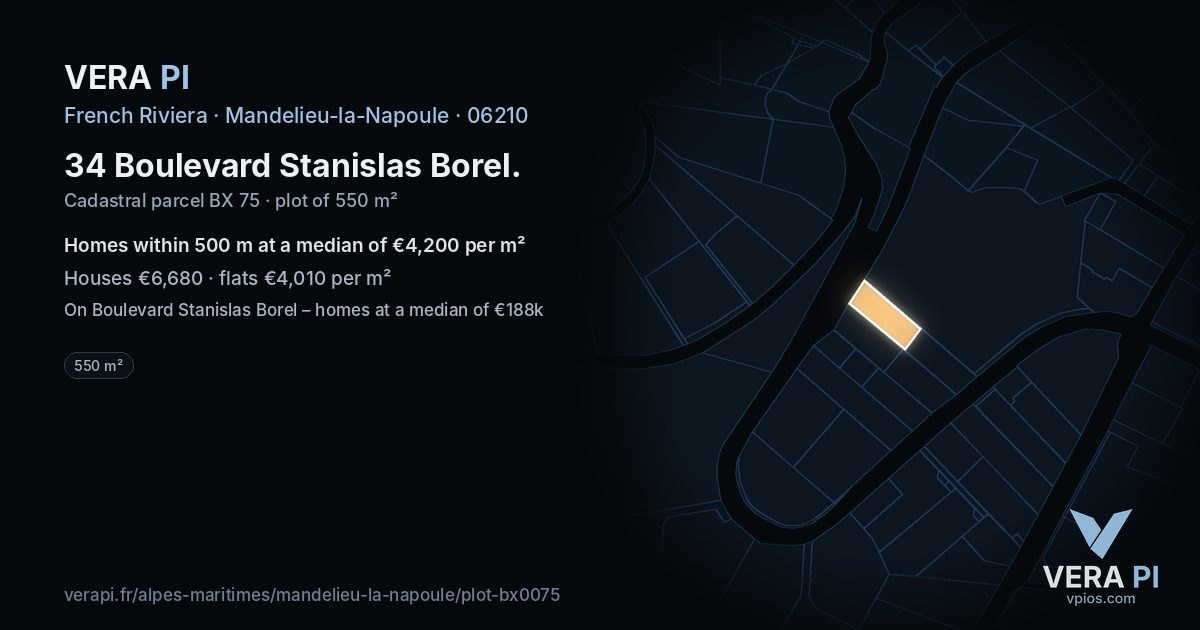 34 Boulevard Stanislas Borel, Mandelieu-la-Napoule at night – the plot lit, the parcels around coloured by the prices near them