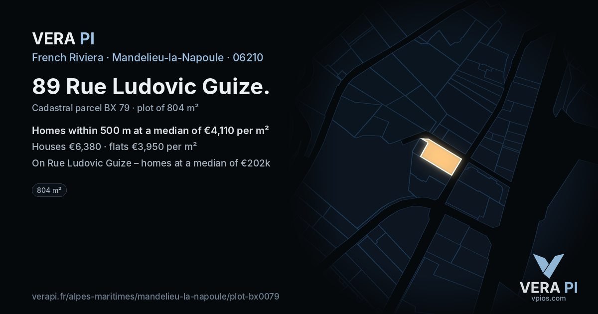 89 Rue Ludovic Guize, Mandelieu-la-Napoule at night – the plot lit, the parcels around coloured by the prices near them