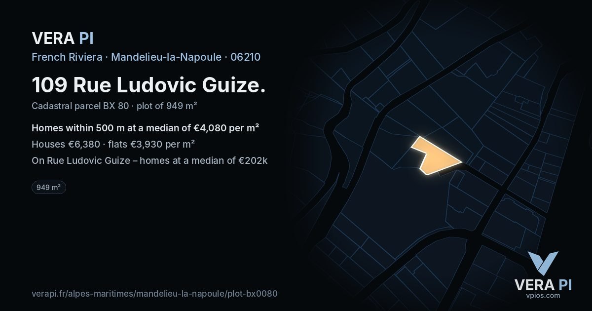 109 Rue Ludovic Guize, Mandelieu-la-Napoule at night – the plot lit, the parcels around coloured by the prices near them