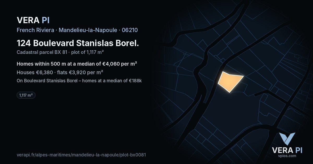 124 Boulevard Stanislas Borel, Mandelieu-la-Napoule at night – the plot lit, the parcels around coloured by the prices near them