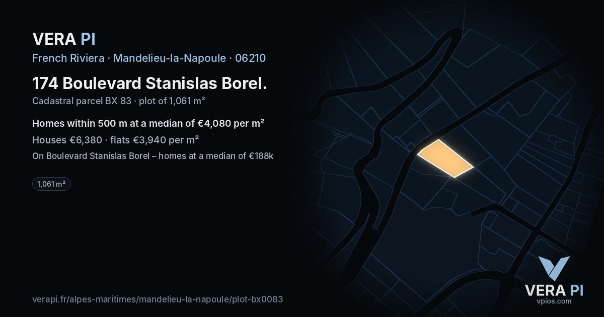 174 Boulevard Stanislas Borel, Mandelieu-la-Napoule at night – the plot lit, the parcels around coloured by the prices near them