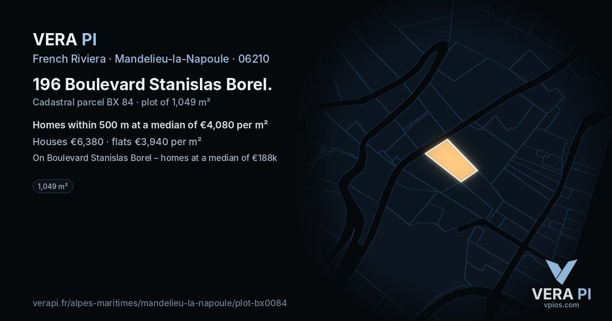 196 Boulevard Stanislas Borel, Mandelieu-la-Napoule at night – the plot lit, the parcels around coloured by the prices near them