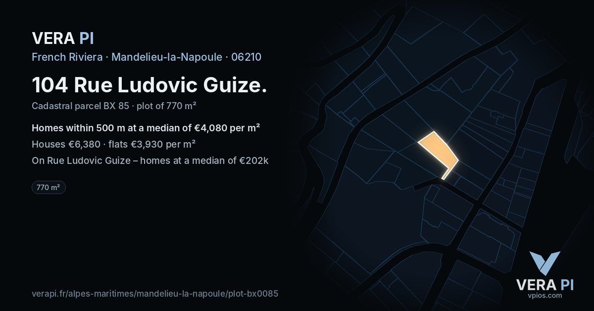 104 Rue Ludovic Guize, Mandelieu-la-Napoule at night – the plot lit, the parcels around coloured by the prices near them