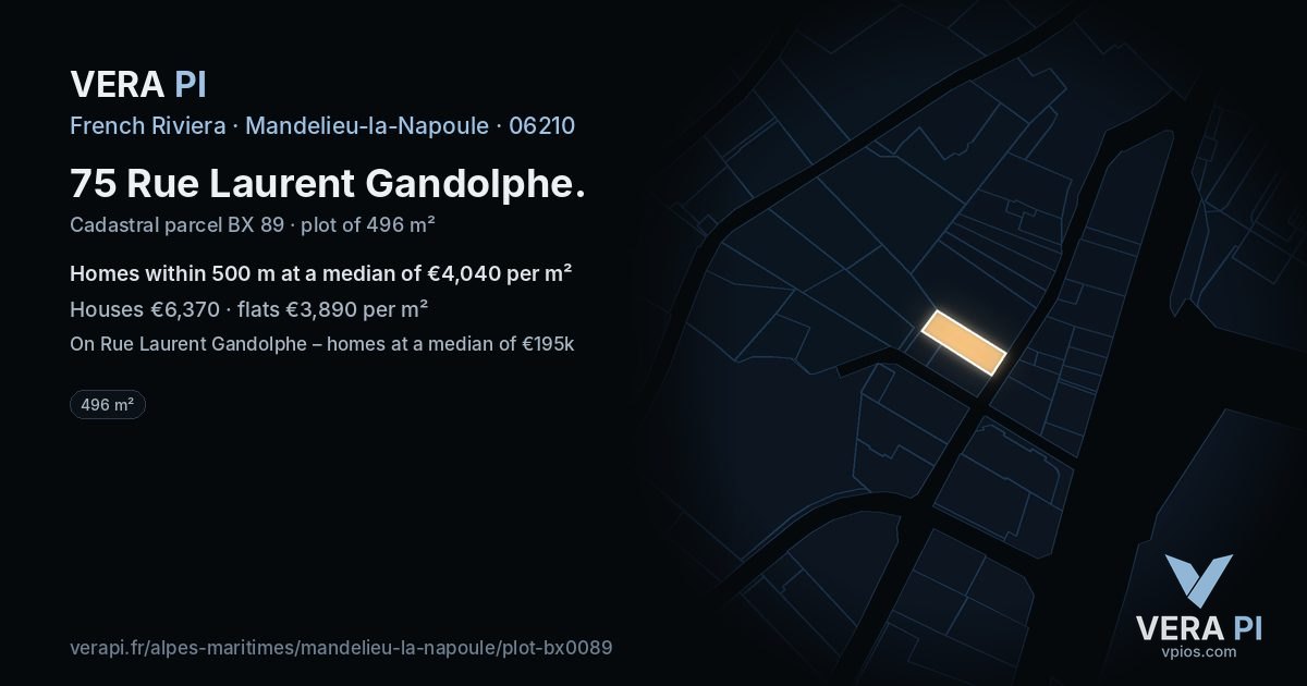 75 Rue Laurent Gandolphe, Mandelieu-la-Napoule at night – the plot lit, the parcels around coloured by the prices near them