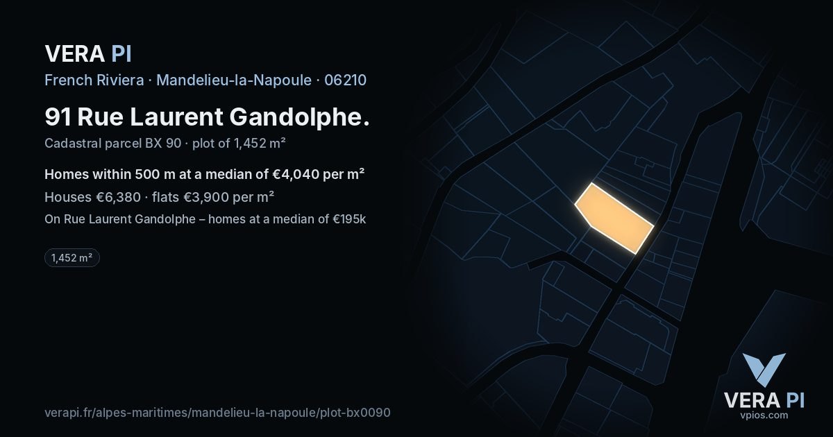 91 Rue Laurent Gandolphe, Mandelieu-la-Napoule at night – the plot lit, the parcels around coloured by the prices near them