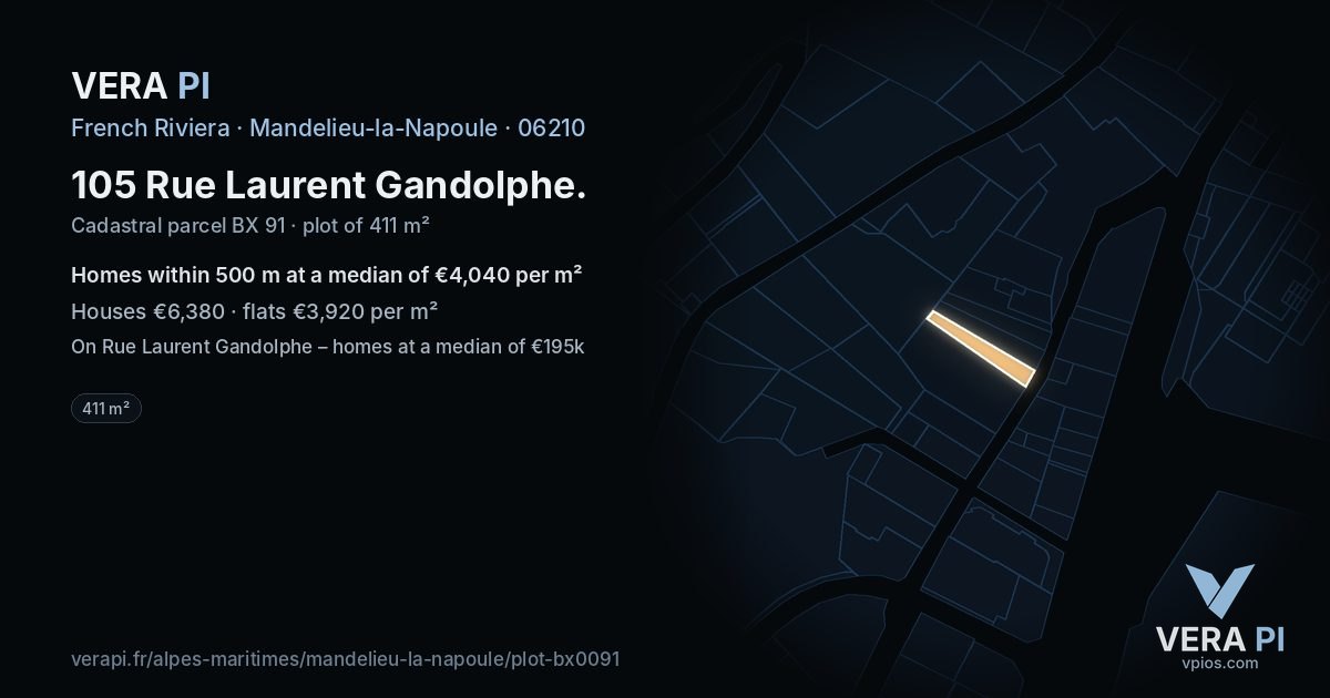 105 Rue Laurent Gandolphe, Mandelieu-la-Napoule at night – the plot lit, the parcels around coloured by the prices near them