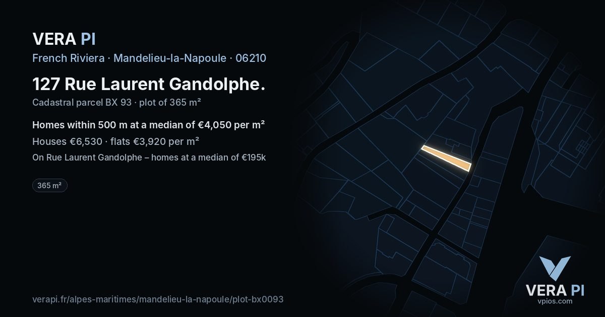 127 Rue Laurent Gandolphe, Mandelieu-la-Napoule at night – the plot lit, the parcels around coloured by the prices near them