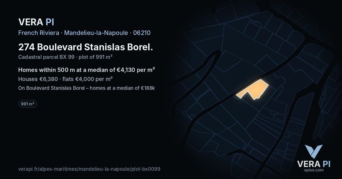 274 Boulevard Stanislas Borel, Mandelieu-la-Napoule at night – the plot lit, the parcels around coloured by the prices near them