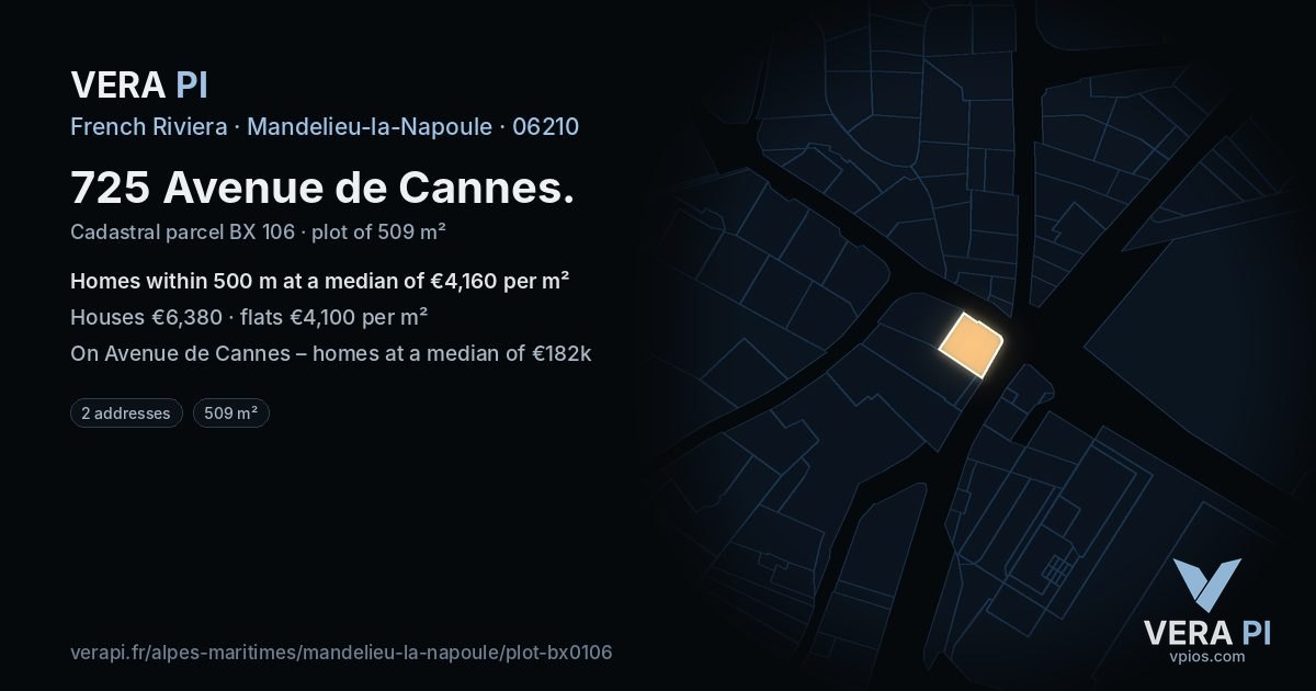 725 Avenue de Cannes, Mandelieu-la-Napoule at night – the plot lit, the parcels around coloured by the prices near them