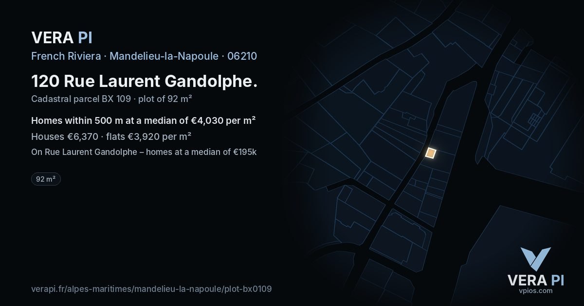120 Rue Laurent Gandolphe, Mandelieu-la-Napoule at night – the plot lit, the parcels around coloured by the prices near them