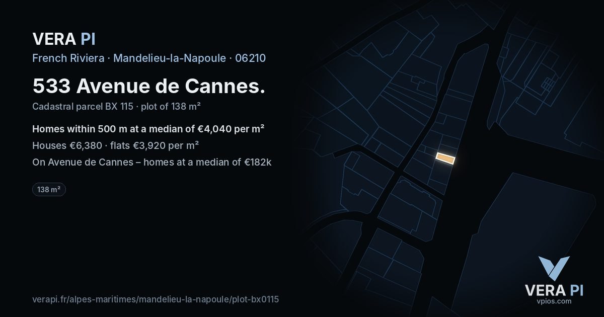 533 Avenue de Cannes, Mandelieu-la-Napoule at night – the plot lit, the parcels around coloured by the prices near them