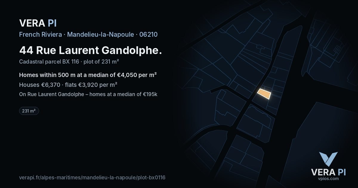 44 Rue Laurent Gandolphe, Mandelieu-la-Napoule at night – the plot lit, the parcels around coloured by the prices near them