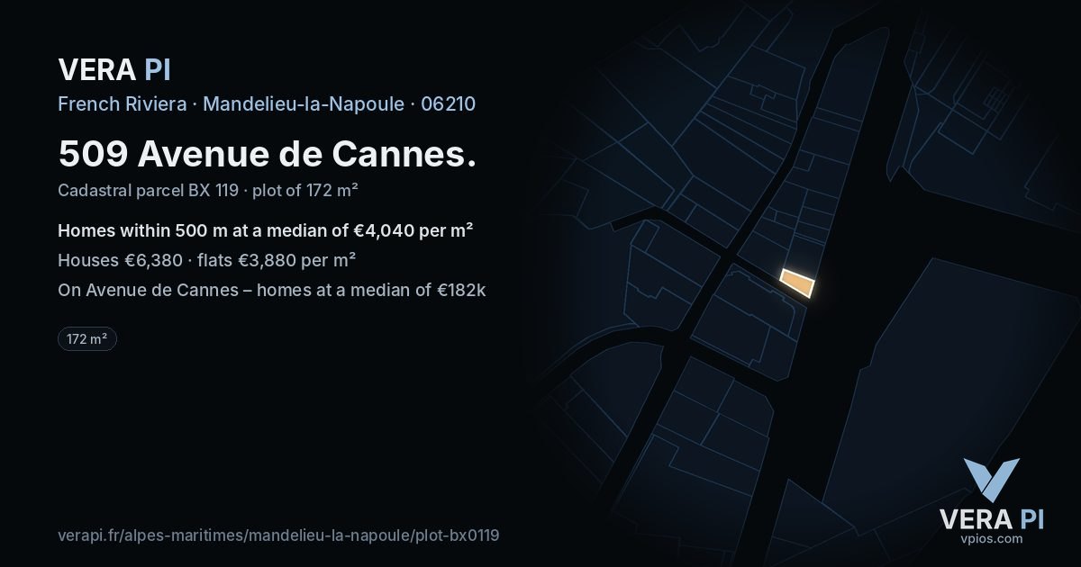 509 Avenue de Cannes, Mandelieu-la-Napoule at night – the plot lit, the parcels around coloured by the prices near them