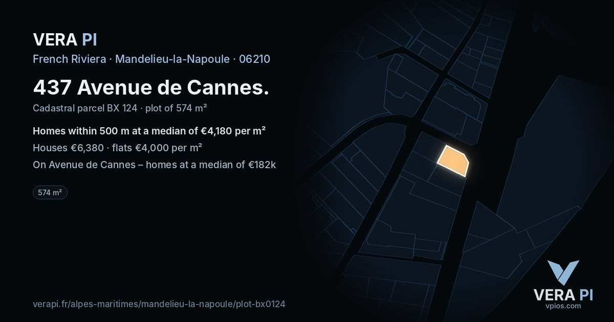 437 Avenue de Cannes, Mandelieu-la-Napoule at night – the plot lit, the parcels around coloured by the prices near them