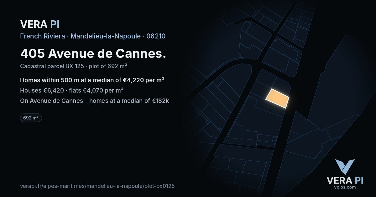 405 Avenue de Cannes, Mandelieu-la-Napoule at night – the plot lit, the parcels around coloured by the prices near them